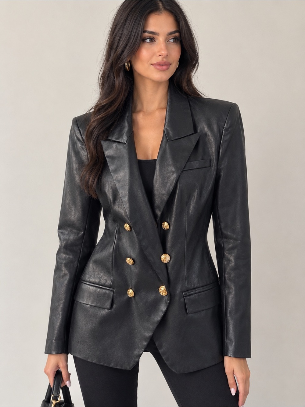 Express Black Double-Breasted Faux Leather Blazer with Gold Buttons
